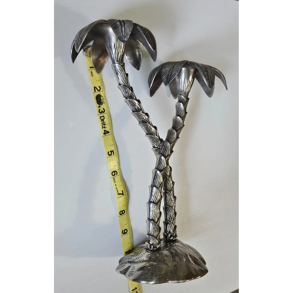 Vintage Silver‑Plated‎ Brass Palm Tree Candlestick Holder Tropical Decor